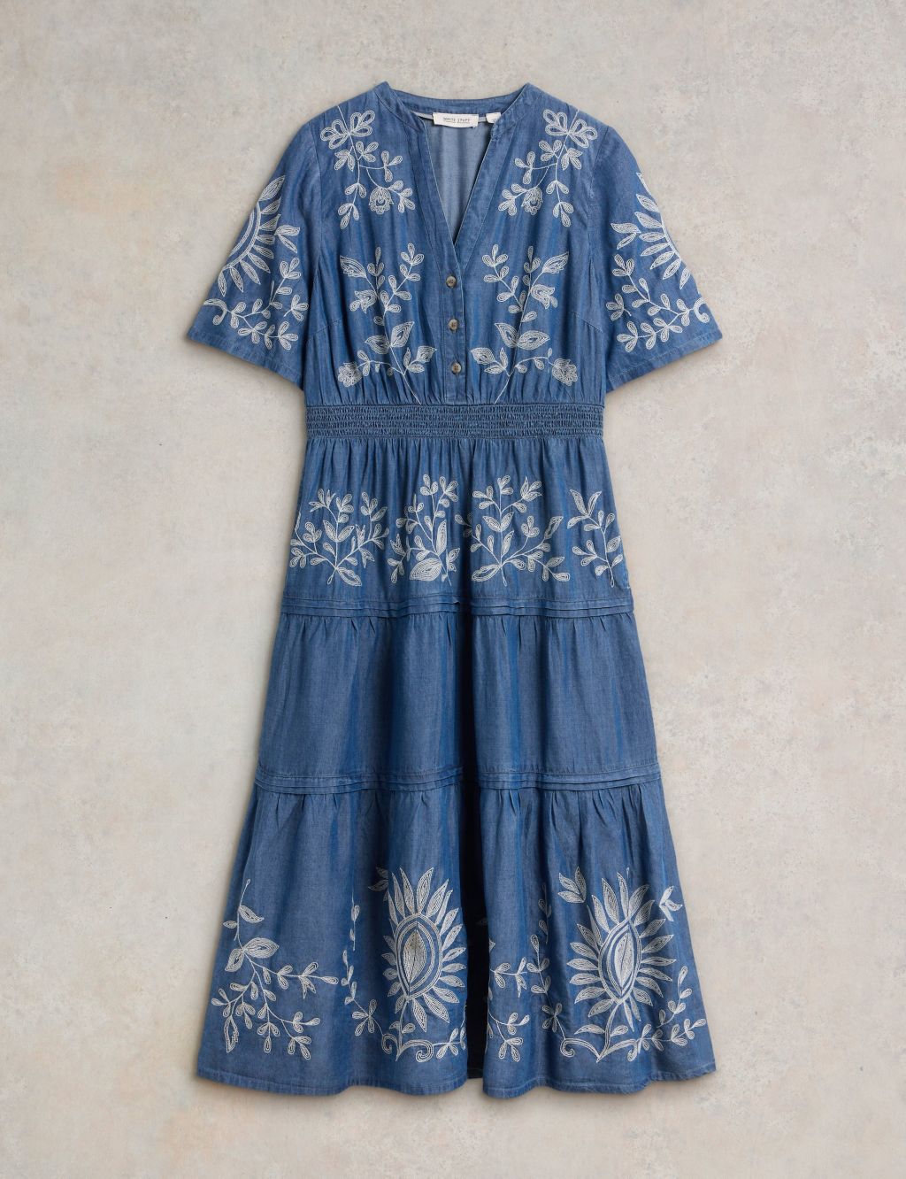 Pure Lyocell™ Denim Embroidered Midi Tiered Dress 1 of 6