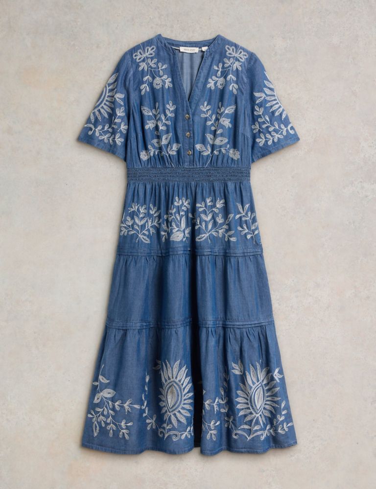 Pure Lyocell™ Denim Embroidered Midi Tiered Dress 2 of 6