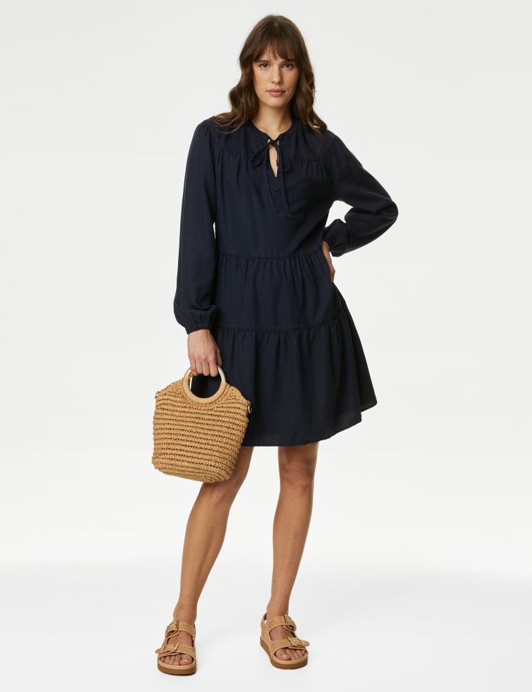Pure Lyocell Tie Neck Mini Tiered Dress M S Collection M S