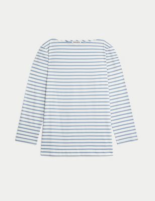 Pure Mercerised Cotton Striped Boat Neck Top Image 2 of 7