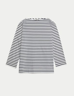 Pure Mercerised Cotton Striped Boat Neck Top Image 2 of 8