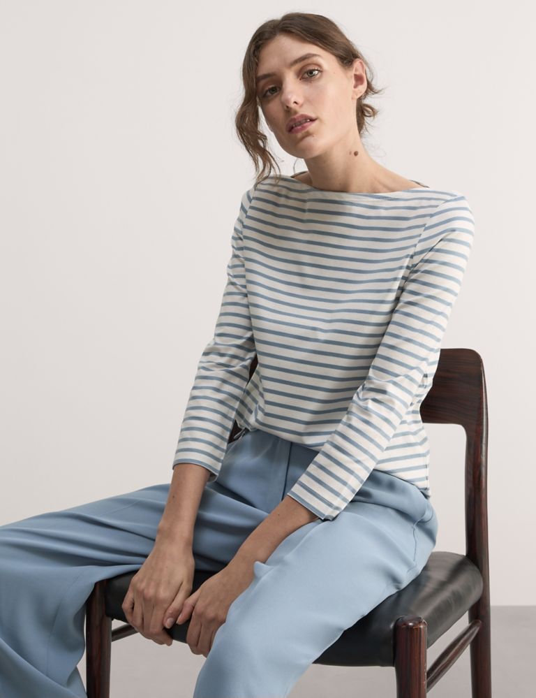Pure Mercerised Cotton Striped Boat Neck Top 3 of 7