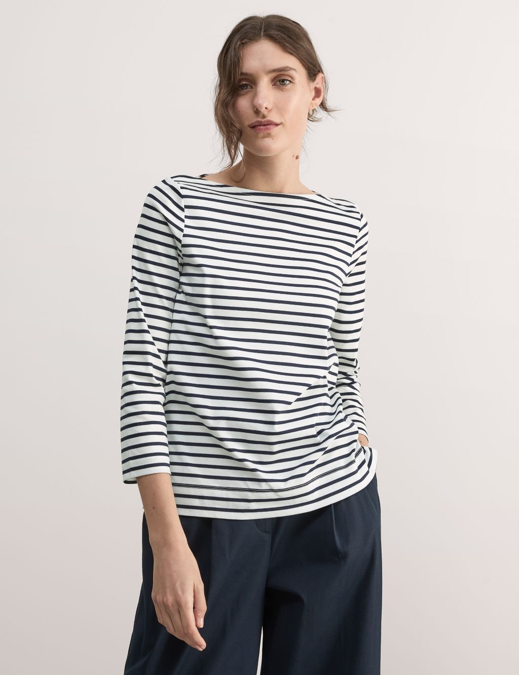 Pure Mercerised Cotton Striped Boat Neck Top 2 of 8