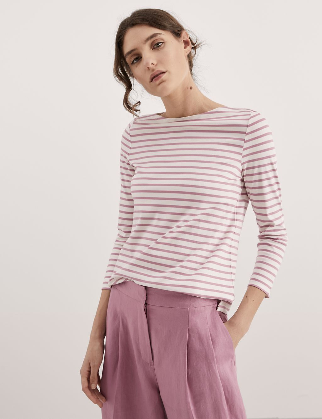 Pure Mercerised Cotton Striped Boat Neck Top 3 of 6