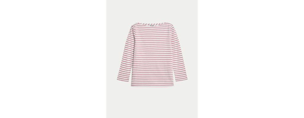 Pure Mercerised Cotton Striped Boat Neck Top 1 of 6