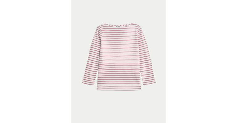 Pure Mercerised Cotton Striped Boat Neck Top 2 of 6