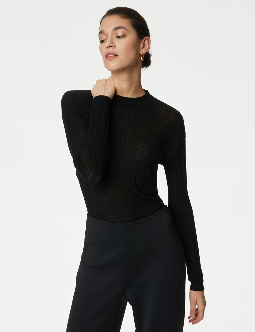 Pure Merino Wool Ribbed High Neck Knitted Top 2 of 6