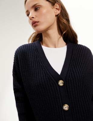 Pure Merino Wool Ribbed V Neck Cardigan JAEGER M S