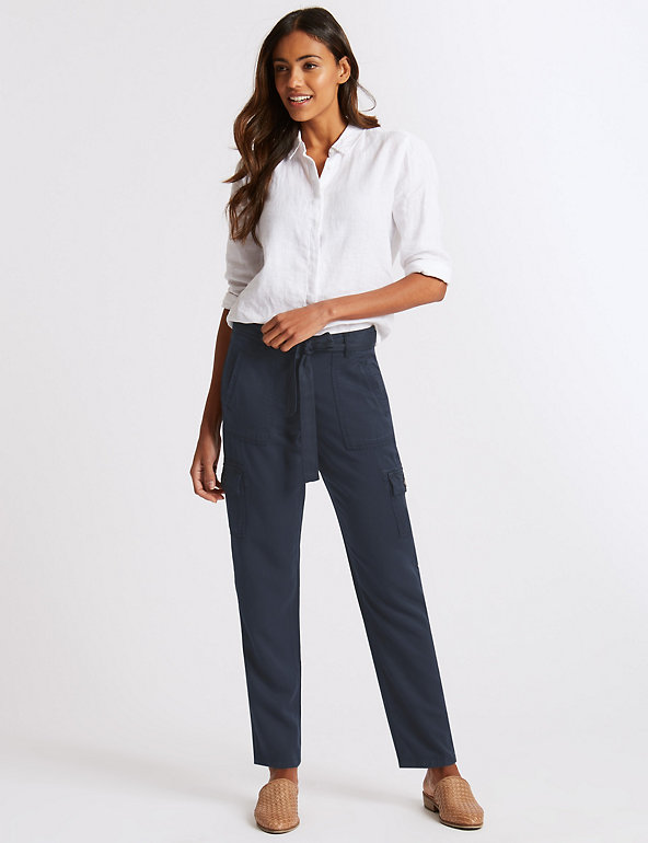 Womens white pure cotton straight leg cargo trousers from Marks and Spencer new