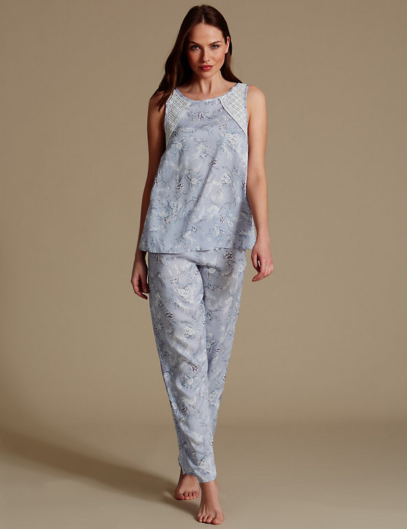 M/&s Collection Bleu Clair Mix Pure modal imprimé sans manches Pyjamas