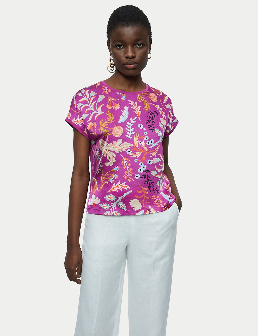 Pure Silk Floral Round Neck T-Shirt 3 of 4