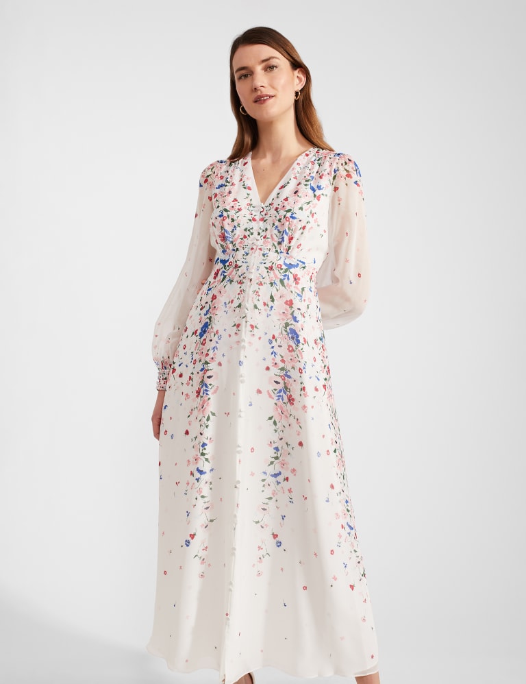 Pure Silk Floral V Neck Maxi Waisted Dress HOBBS M S