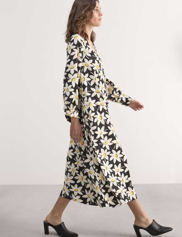 Pure Silk Floral V Neck Midi Dress