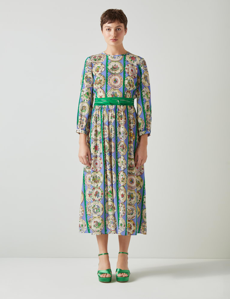 Pure Silk Printed Midi Waisted Dress 1 of 4