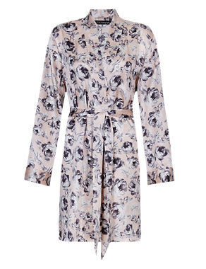 Pure Silk Rose Print Belted Wrap Dressing Gown Image 2 of 5