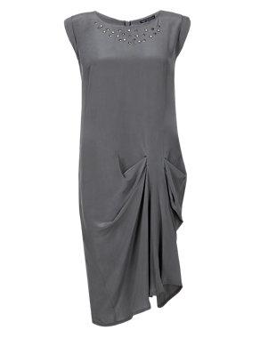 Pure Silk Stud Embellished Neckline Shift Dress Image 2 of 5