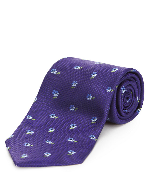 Pure Silk Textured Floral Tie with Stain Resistance Image 1 of 1