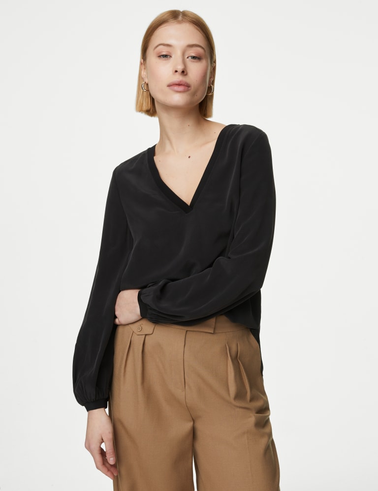 Silk V-Neck Blouse (Champagne)