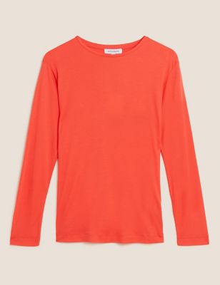 Lucky Brand LUCKY BRAND Womens Orange Ribbed Long Sleeve Surplice Neckline  Top M