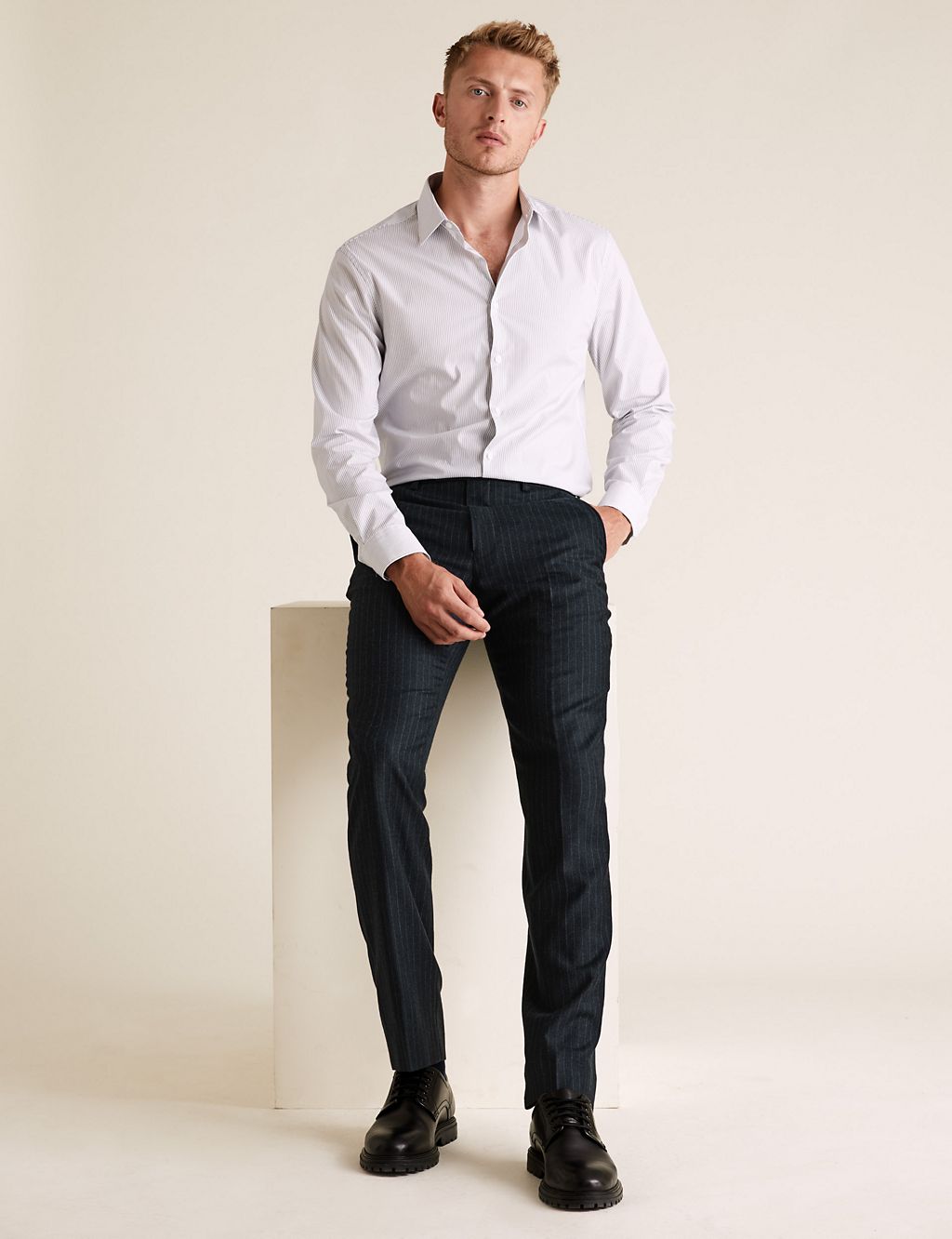 Pure Wool Pinstriped Flat Front Trousers | Savile Row Inspired | M&S