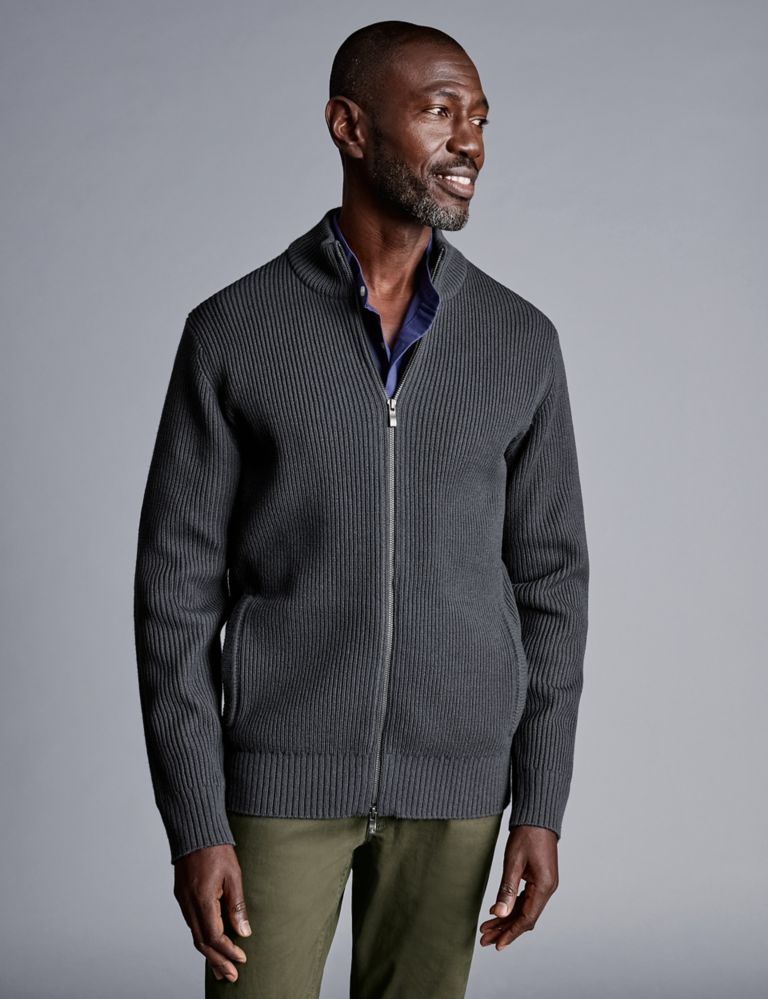 Pure Wool Ribbed Zip Up Cardigan 1 of 5