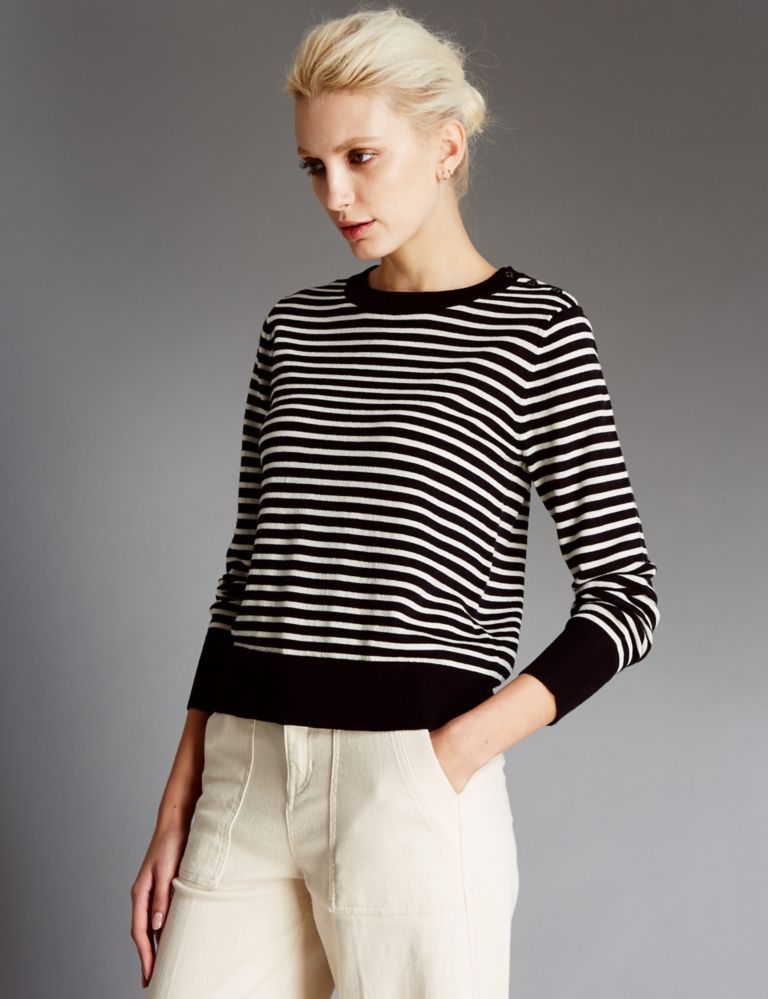 Pure Wool Striped Round Neck Jumper 1 of 4
