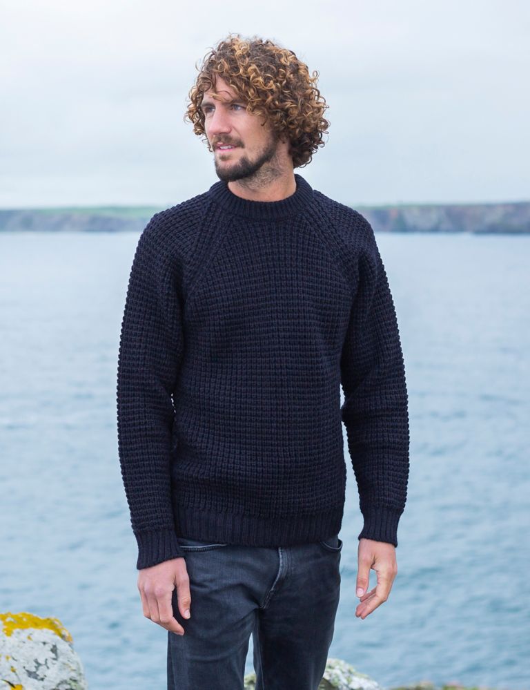Pure Wool Textured Crew Neck Jumper 1 of 3