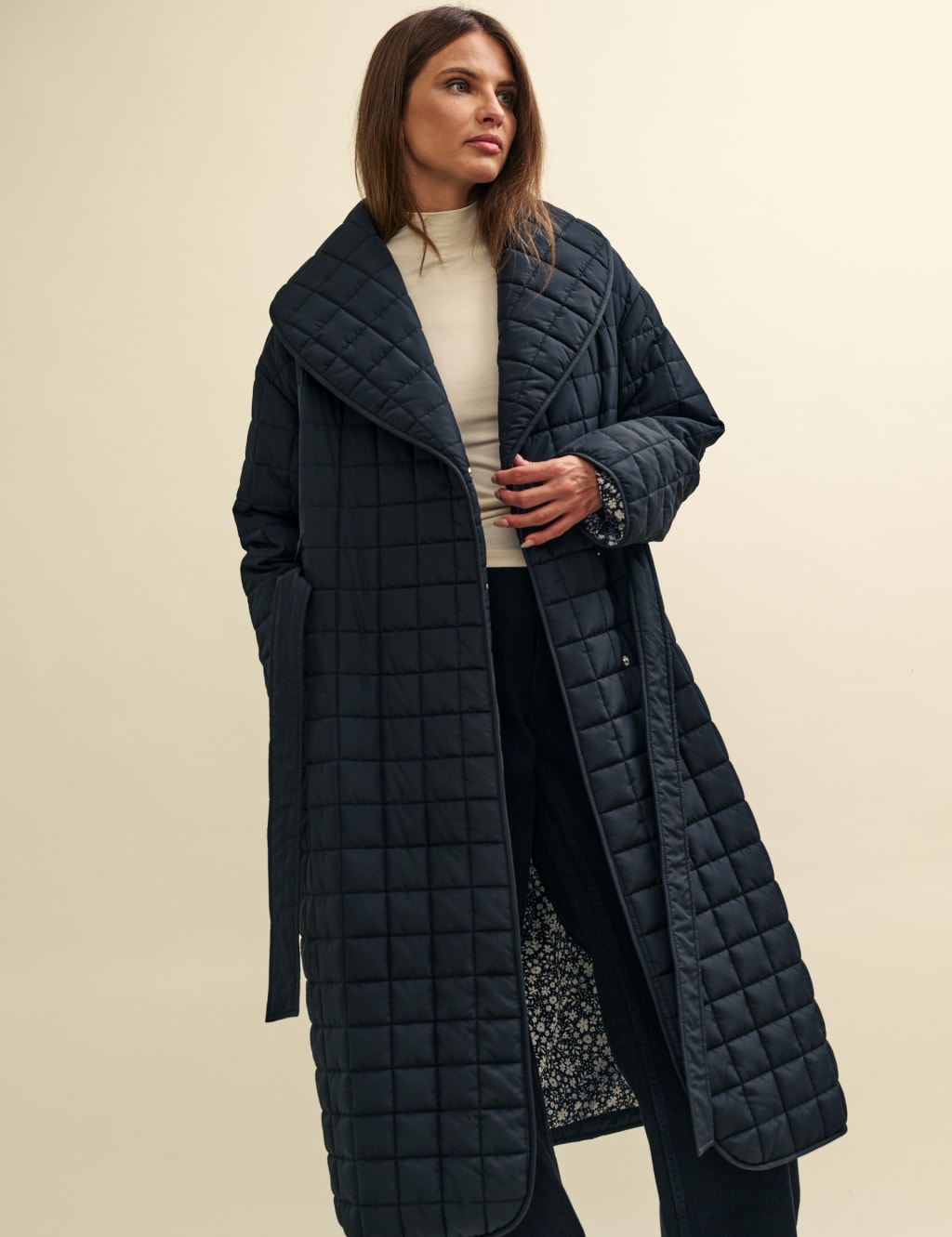 Quilted Belted Shawl Collar Wrap Coat