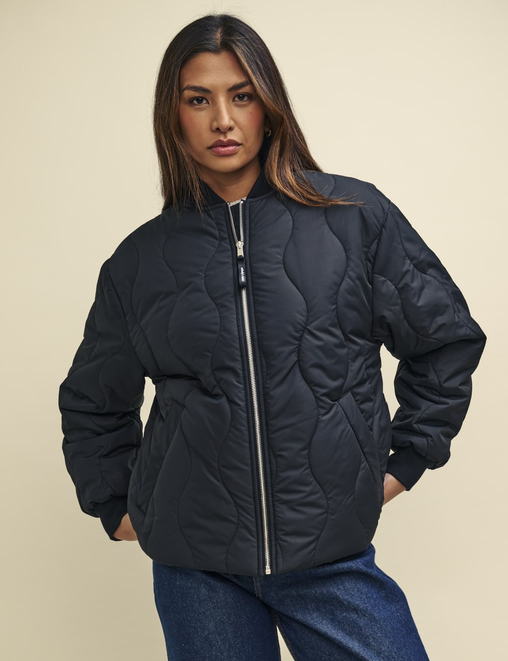 Black padded bomber jacket womens sales