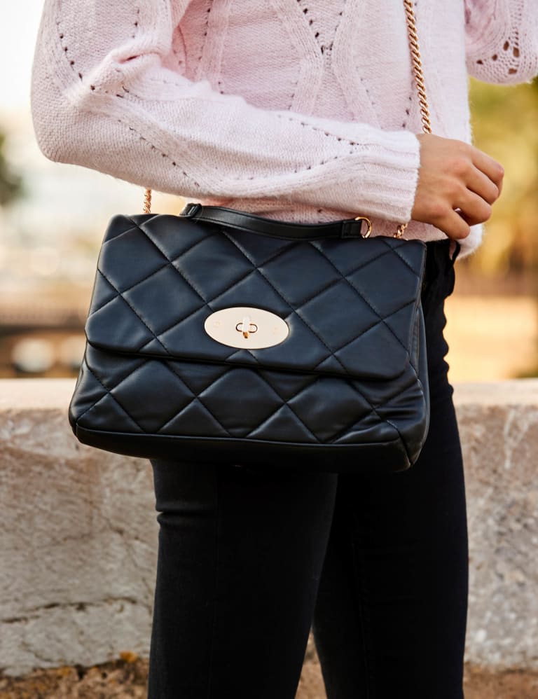 Black Quilted Leather-Look Chain Strap Cross Body Bag