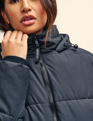 Navy blue puffer cheap jacket with fur hood