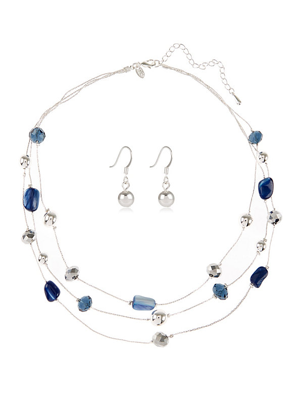 Silver Plated Bead Necklace & Earrings Set - JE