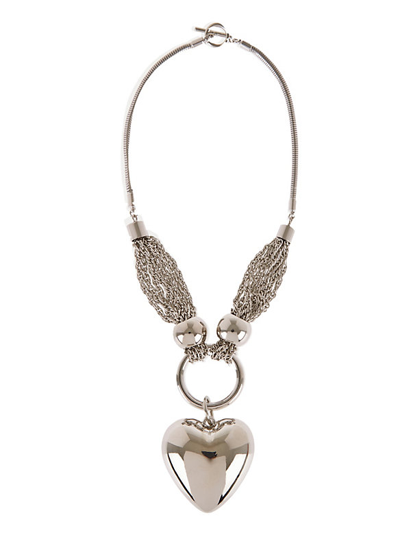 Puffed Chain Heart Pendant T-Bar Necklace - SG