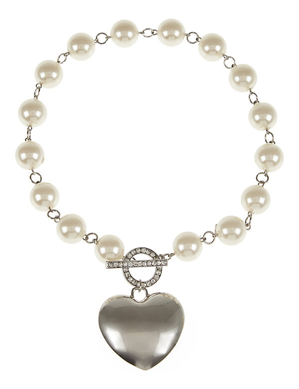 Pearl Effect Heart Pendant Necklace - HK