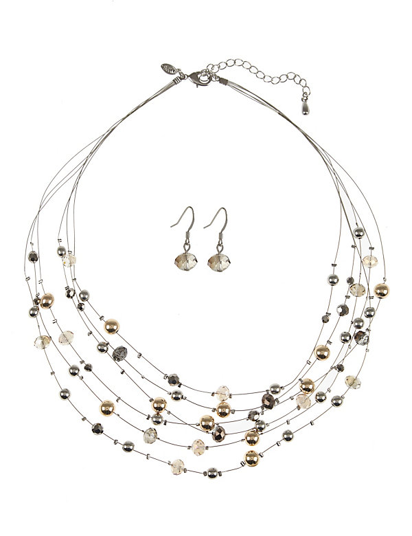 Assorted Bead Multi-Row Necklace & Earrings Set - HK