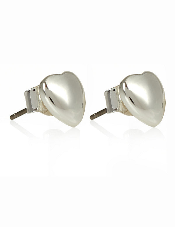 Silver Plated Puffed Heart Stud Earrings - QA
