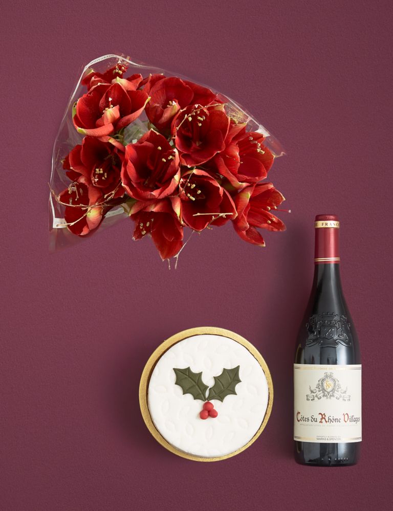 Red Amaryllis, Christmas Cake & Red Wine Festive Gift Selection 2 of 4