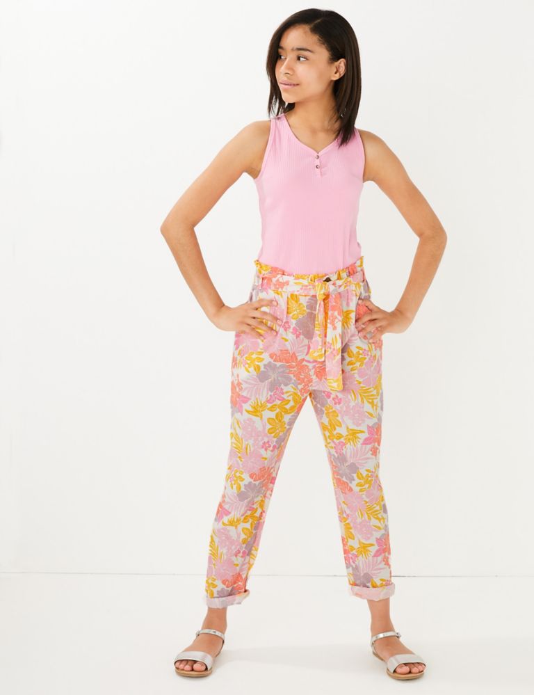 Regular Cotton Rich Floral Trousers (6-16 Yrs) 1 of 5
