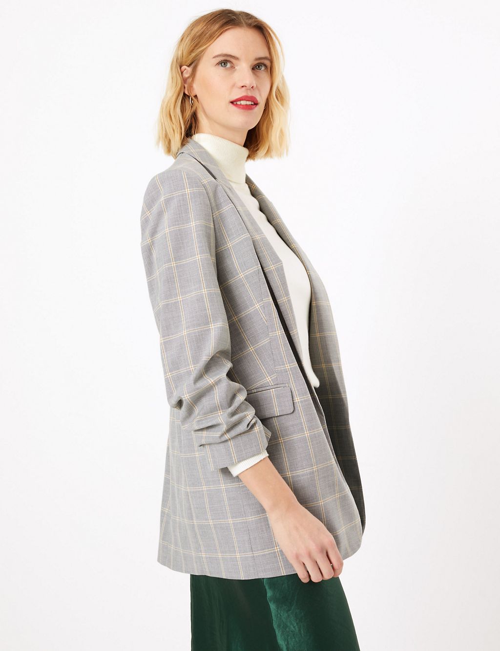Relaxed Ruched Sleeve Checked Blazer 2 of 6