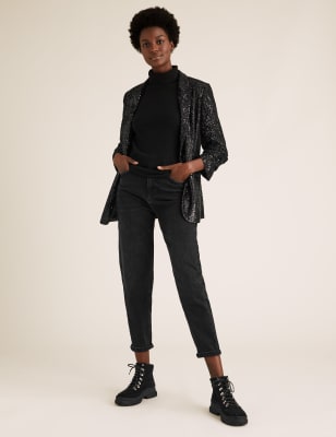 Black Sequin Ruched Sleeve Blazer