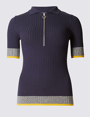Ribbed Collared Neck Short Sleeve Jumper Image 2 of 4