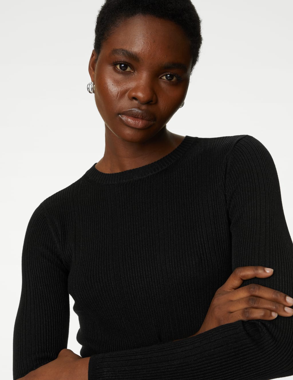 Ribbed Crew Neck Fitted Knitted Top, M&S Collection