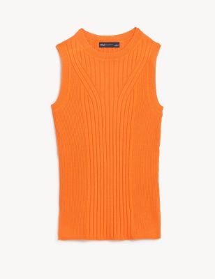 Ribbed Crew Neck Fitted Knitted Vest Image 2 of 7