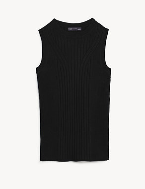 Ribbed Crew Neck Fitted Knitted Vest Image 2 of 6