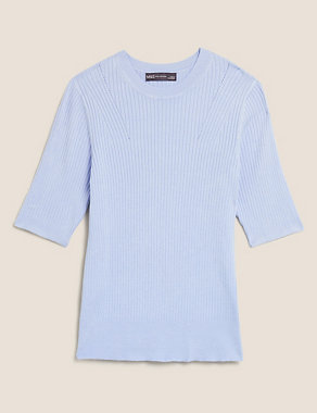 Ribbed Crew Neck Fitted Short Sleeve Jumper Image 2 of 6