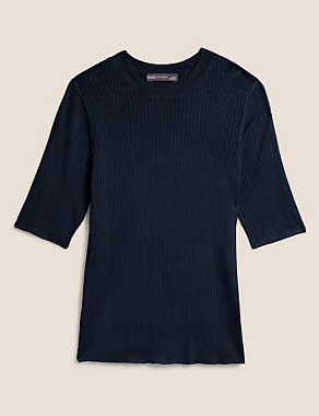 Ribbed Crew Neck Fitted Short Sleeve Jumper Image 2 of 5