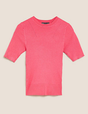 Ribbed Crew Neck Fitted Short Sleeve Jumper Image 2 of 5