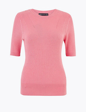 Ribbed Crew Neck Fitted Short Sleeve Jumper Image 2 of 4