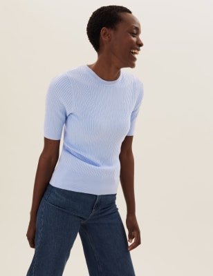 Ribbed Crew Neck Fitted Short Sleeve Jumper, M&S Collection