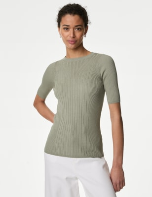 Ribbed Crew Neck Fitted Knitted Top, M&S Collection